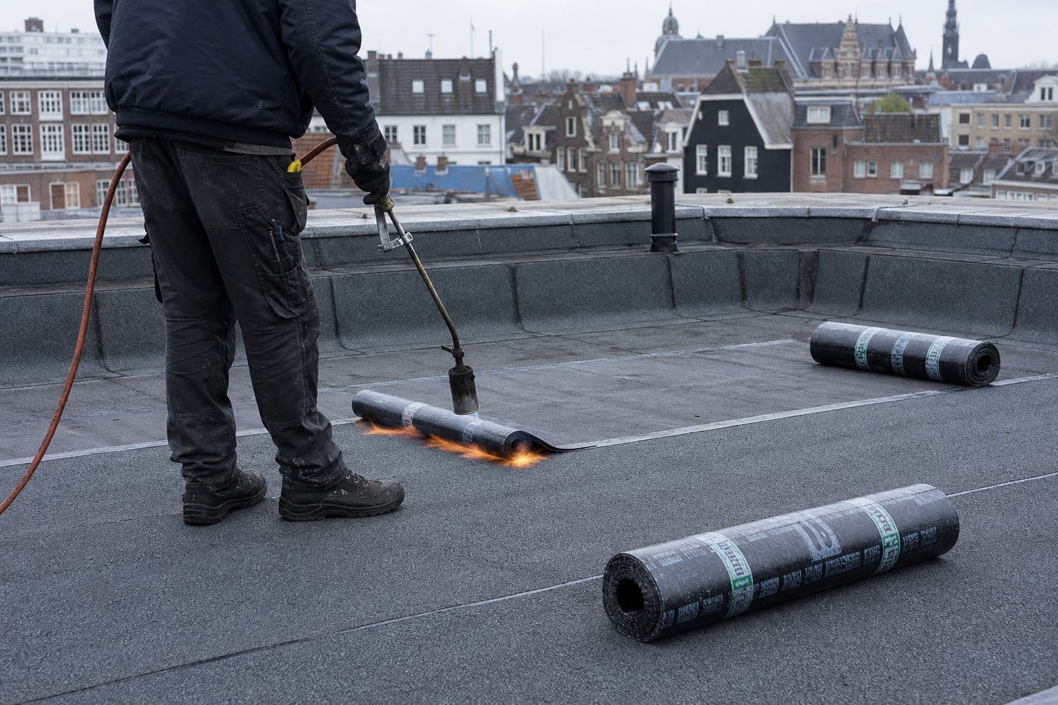 Dakdekker brandt bitumen dakbedekking op een plat dak