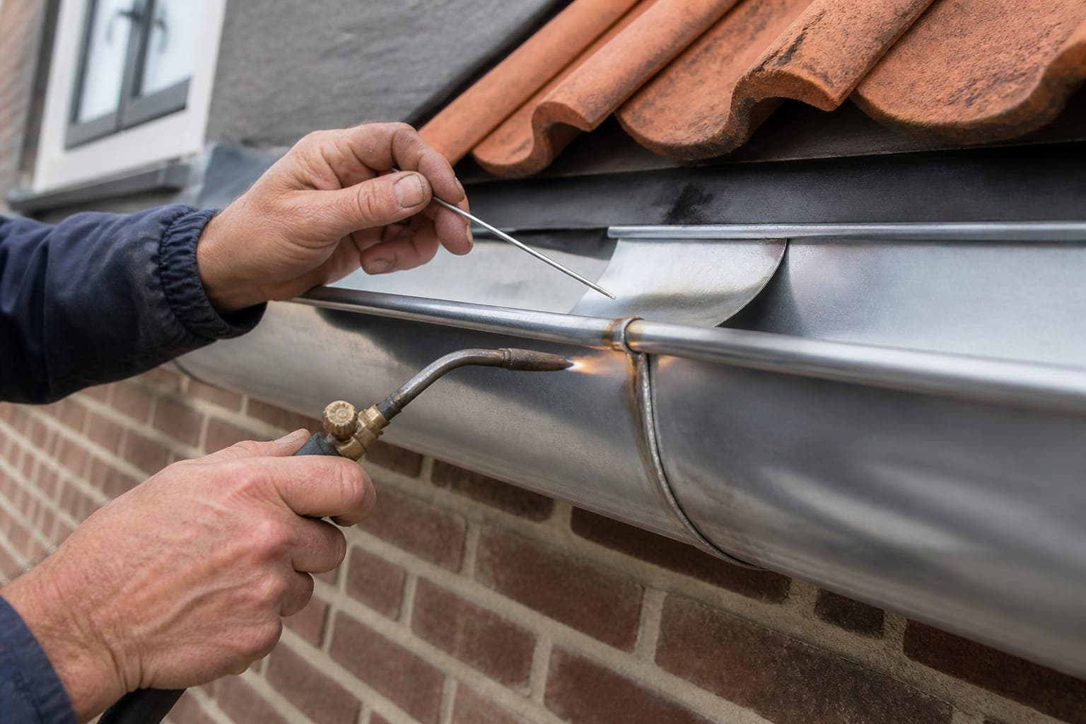 Vakman soldeert een zinken dakgoot aan een woning