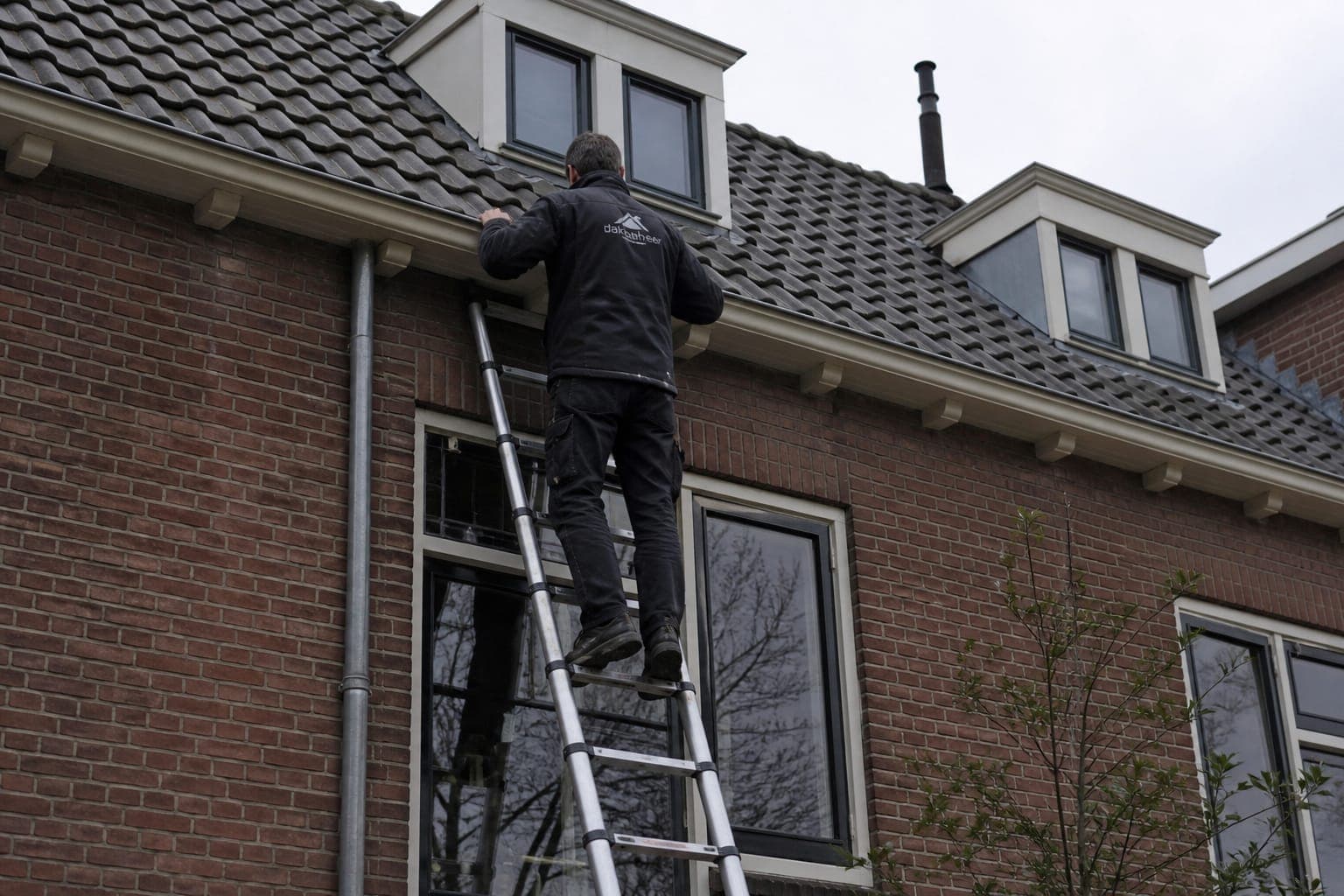 Dakdekker controleert het dak van een woning vanaf een ladder