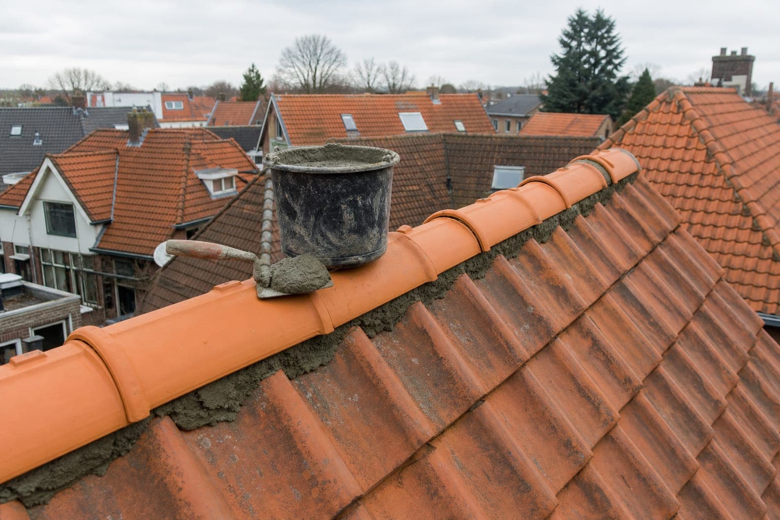 Nokvorsten worden opnieuw aangebracht op een hellend dak